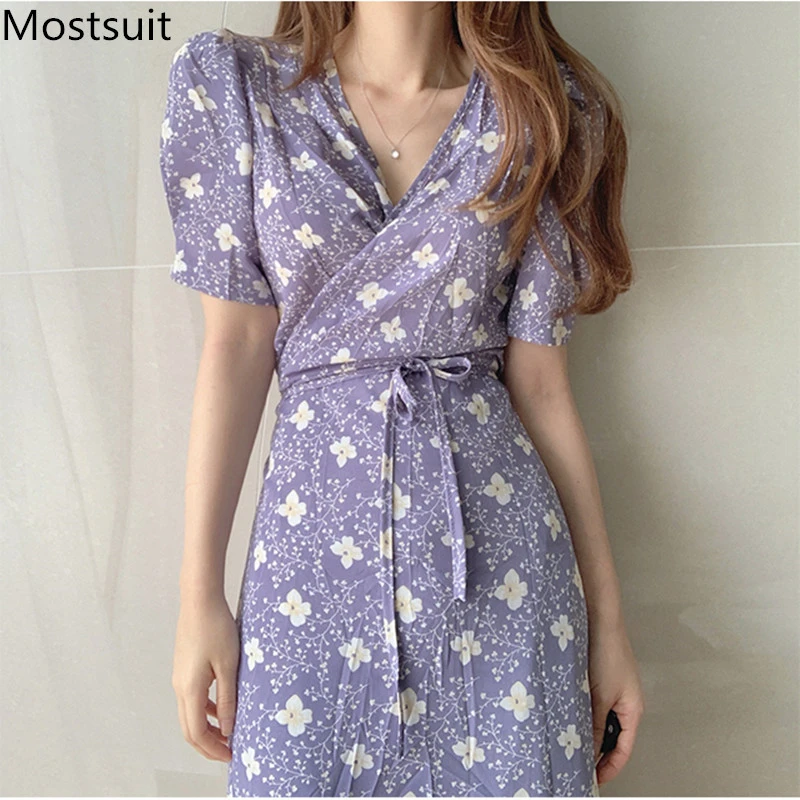 Summer Floral Printed Korean One Piece Long Dress Women Short Sleeve V Neck Lace Up Vintage Fashion Elegant Ladies Vestidos Dresses Aliexpress