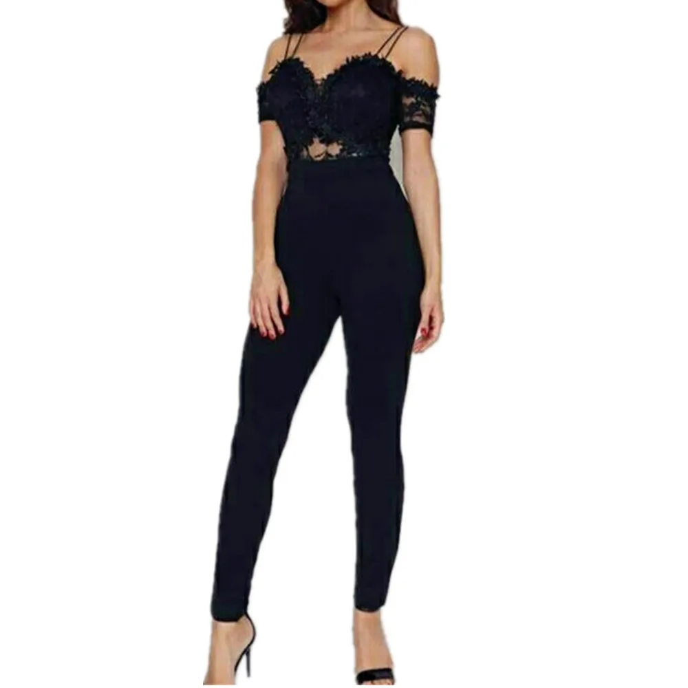 

Black lace neckline bodycon jumpsuits for women party night sexy outfits cocktail vestidos de mujer black pants