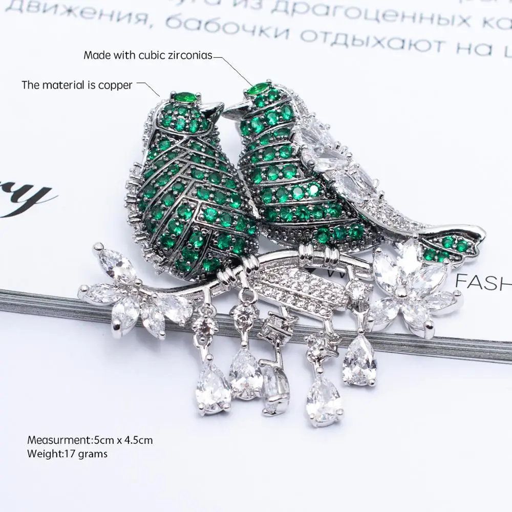 Зеленый кубический цирконий, любовь, птица, животное, брошь, булавка, кулон, высокое качество, Женские Ювелирные изделия, аксессуары для платья HR02352