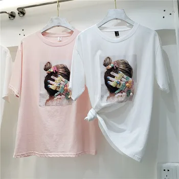 

2020 Spring Summer New Fashion All-match Short-Sleeved T-shirt Female Girl Printing Three-dimensional Decoration T Shirts Tees