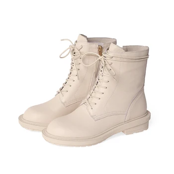 

2021 Cross Tied Women Ankle Boots Genuine Leather Winter New Chunky Platform Heels Shoes Woman Basic Winter Boots