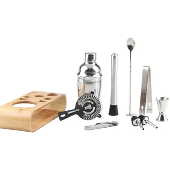 

10 Piece Set Stainless Steel Cocktail Set Bar Bartending Tool Barware Set Shaker Set with Wooden Rack