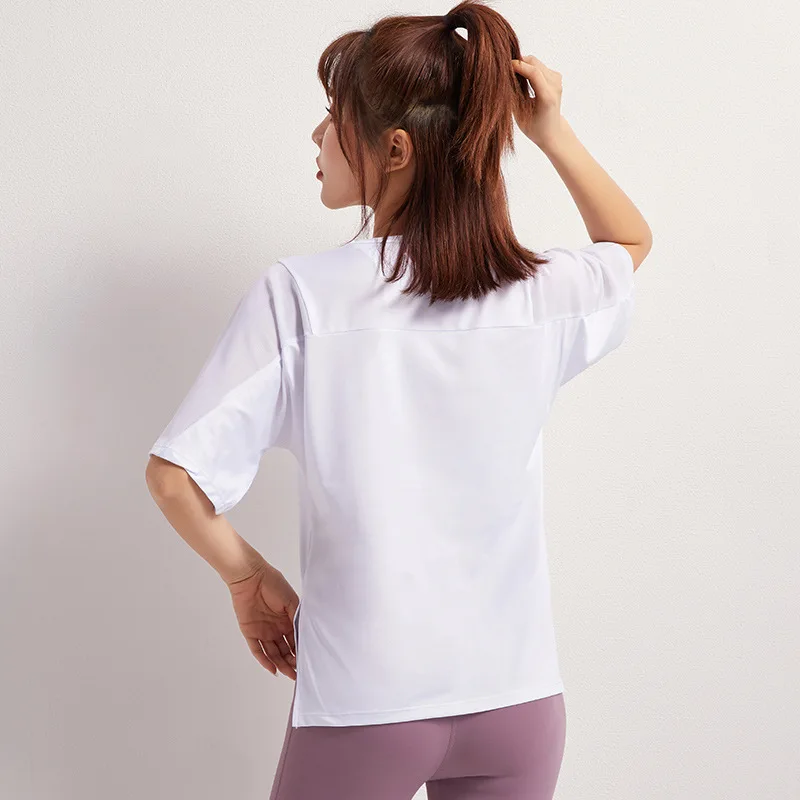 Women Sports Tops Gym Short Sleeve Mesh Patchwork Open Side Yoga Shirts Loose Soft Mesh Fabric Exercise T-shirts Fitness Wear