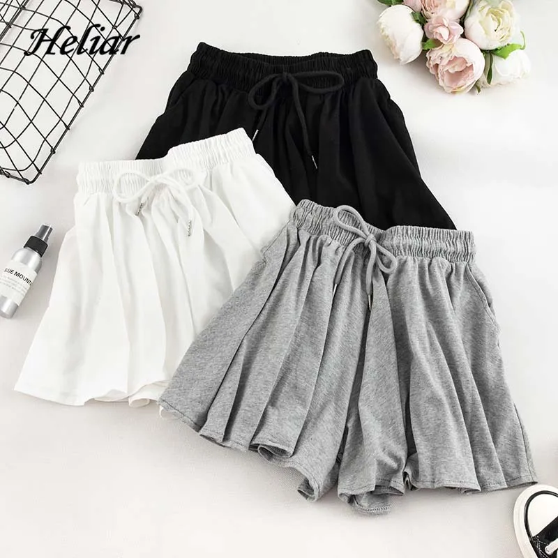 HELIAR Drawstring Women Solid High Waist Shorts Elastic Casual Wide Leg Outwear INS Hot Running | Женская одежда