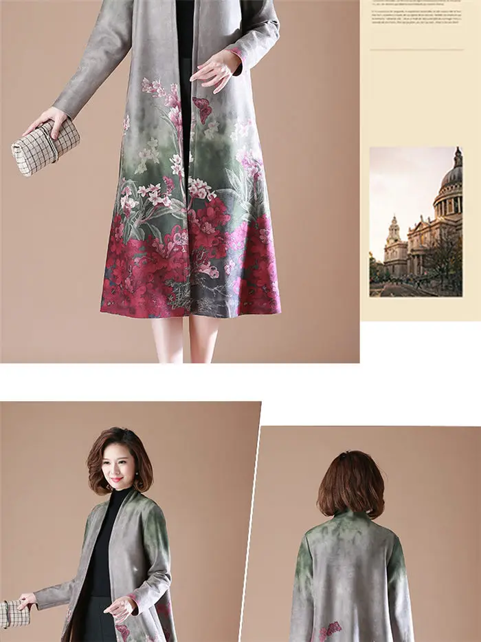 Осенняя одежда для мамы, длинное пальто для женщин, благородная модная замшевая ветровка с принтом, элегантная женская шерстяная куртка f2261