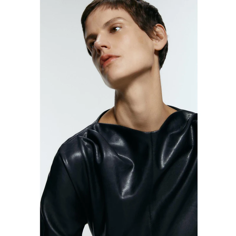 Повседневные женские футболки AGong из искусственной кожи с круглым вырезом, элегантные женские топы из искусственной кожи с длинным рукавом