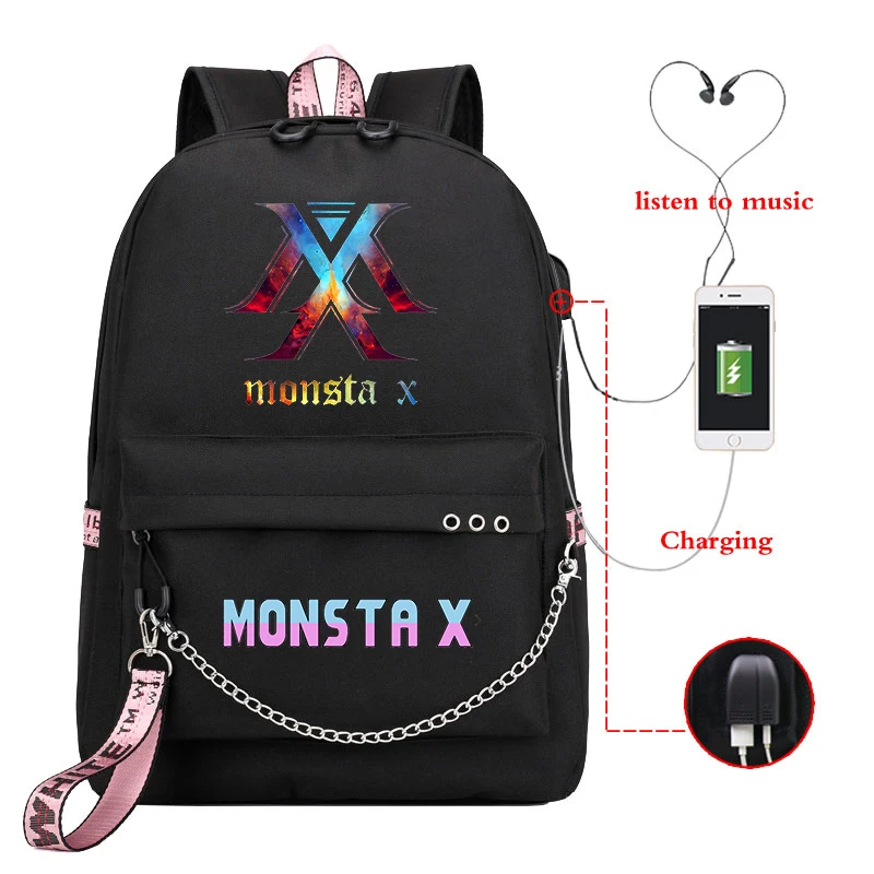 Mochila Bookbag MONSTA X Рюкзак Kpop школьные сумки для девочек подростков женский рюкзак Usb