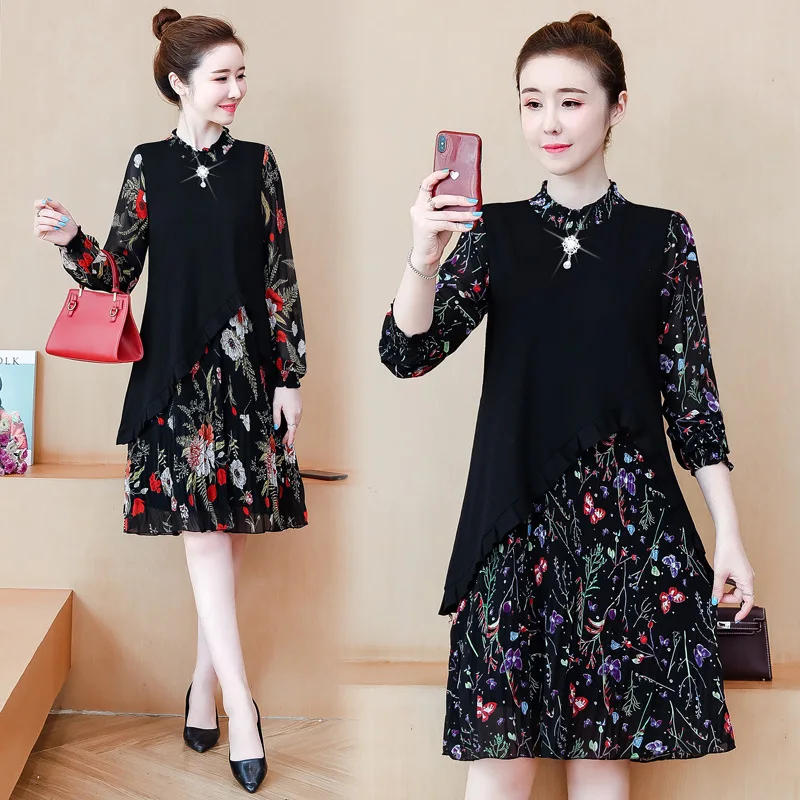 

Autumn And Winter Plus-sized Large GIRL'S Korean-style Large Size Dress Medium-length Chiffon Joint Knitted Belly Covering Slimm