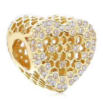 

New 925 Sterling Silver Bead Charm Openwork Gold Color Shine Honeycomb Lace With Crystal Beads Fit Pandora Bracelet Diy Jewelry
