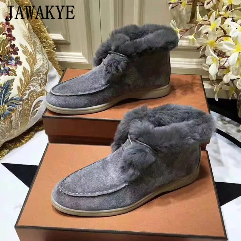 JAWAKYE/Новинка; замшевые ботильоны телесного цвета на шнуровке; женские шерстяные зимние ботинки с высоким берцем без застежки; удобная зимняя женская обувь на плоской подошве - Цвет: grey