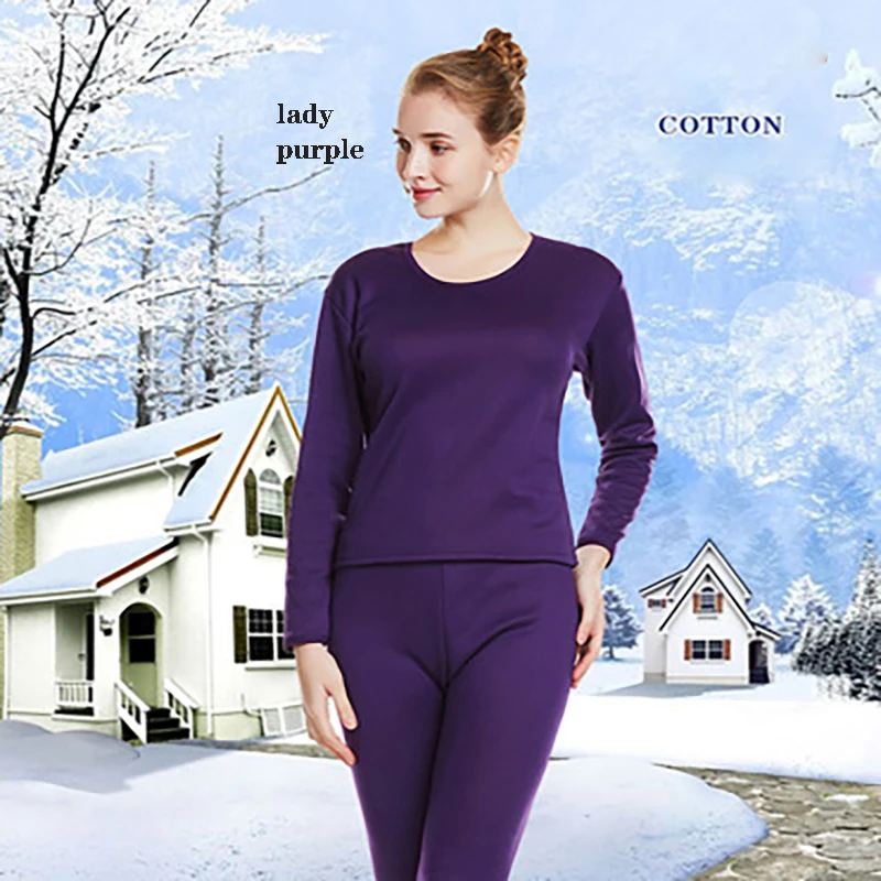 lady purple Плюшевый и утолщенный осенний и зимний модный женский костюм с круглым вырезом большого термобелья модный тонкий теплый костюм - Цвет: lady purple