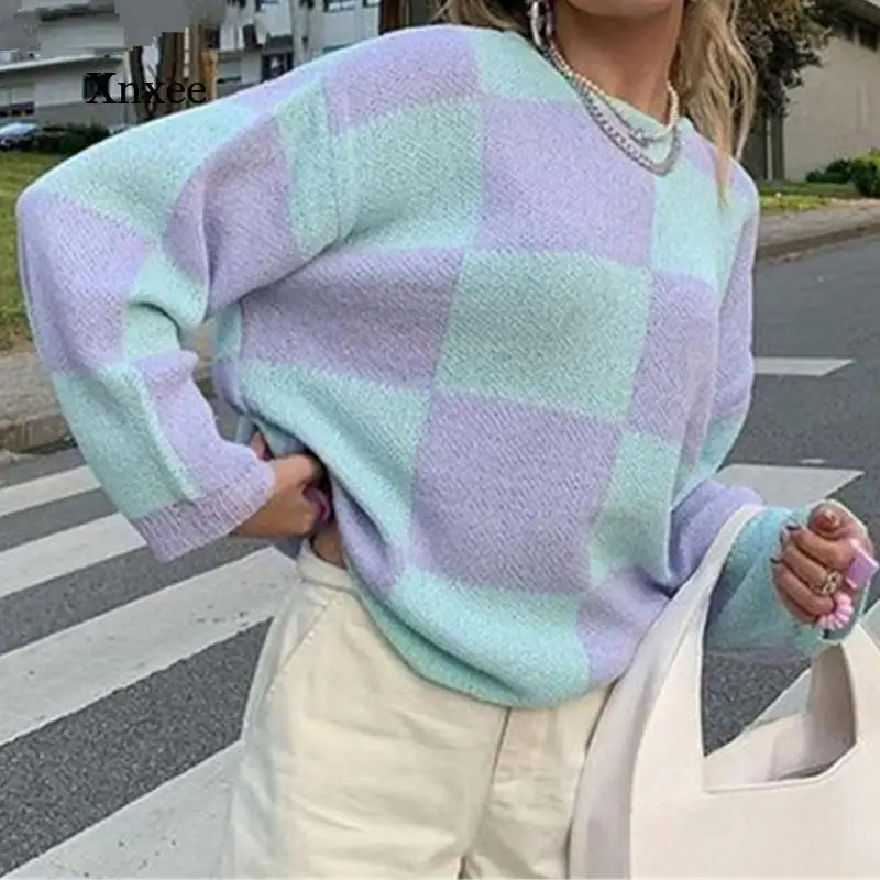 

Autumn/winter Check Print Oversized Pullover Women's Casual Knitwear Top Fashion Loose Sweater