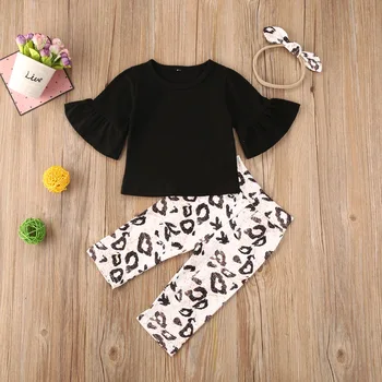 

Pudcoco Newborn Baby Girl Clothes Solid Color Flare Long Sleeve Tops Leoprad Print Long Pants Headband 3Pcs Outfits Set 0-24M
