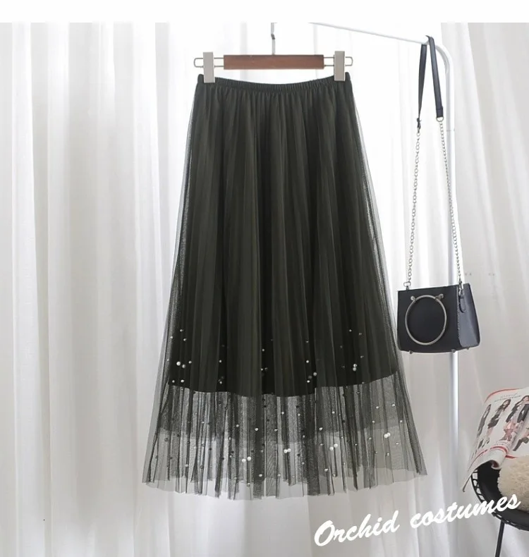 SHENGPALAE New Fashion Autumn Pleated Bead Decoration Elastic Band Straight Skirt Women Solid Tide Faldas Mujer Moda 9A270
