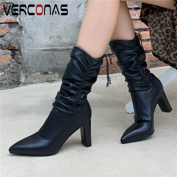

VERCONAS Fashion Concise Mid-Calf Boots For Women Genuine Leather Shoes Woman Autumn Winter New Arrival Pleated High Heels Boots
