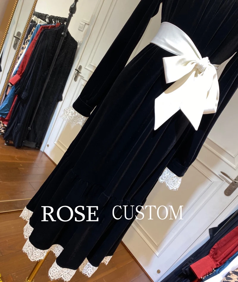 Красный RoosaRosee дизайнер Для женщин Демисезонный Винтаж с кружевными рукавами для девочек черная бархатная юбка миди платье элегантные вечерние Vestidos Robe Femme