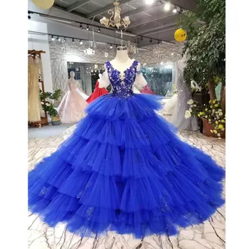 

BGW 22829ht Blue Evening Dress V-neck Sleeveless Sexy V-back Appliques Formal Party Dress More Layer Princess Girl Pageant Dress