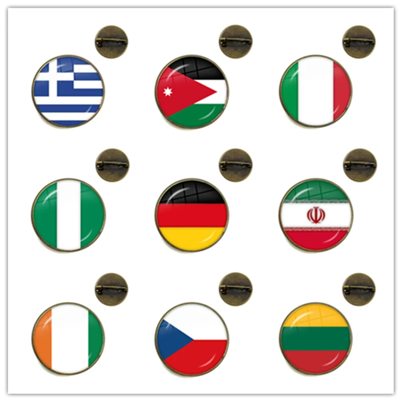 

National Flag Glass Cabochon Brooches Greece,Jordan,Italy,Nigeria,Germany,Iran,Czech Republic,Lithuania Collar Pins For Gift