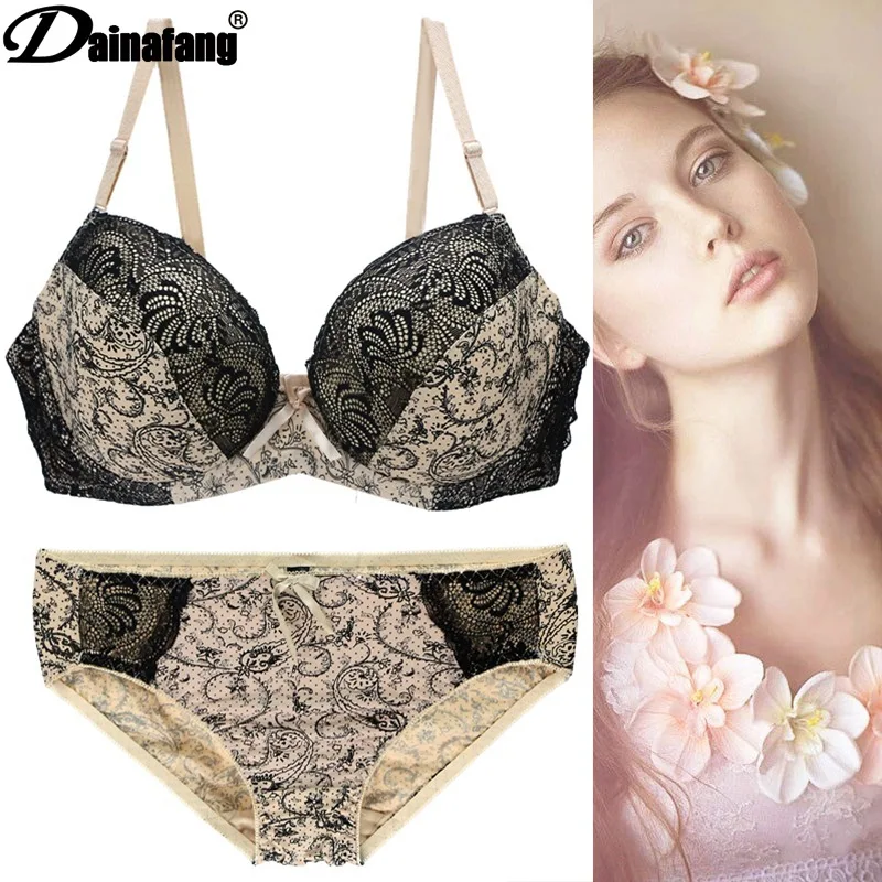 Foreign trade large size bra set Printed lace bow underwear briefs and panty women pink | Женская одежда