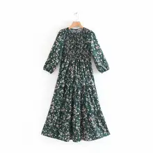 New Women O neck flower print pleated elastic casual midi Dress ladies three quarter sleeve spring vestidos chic Dresses DS3057