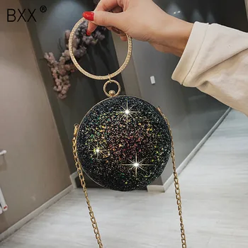 

[BXX] Luxury Sequins Simple PU Leather Crossbody Bag For Women 2020 Travel Phone Shoulder Messenger Bag Lady Round Handbag HL162
