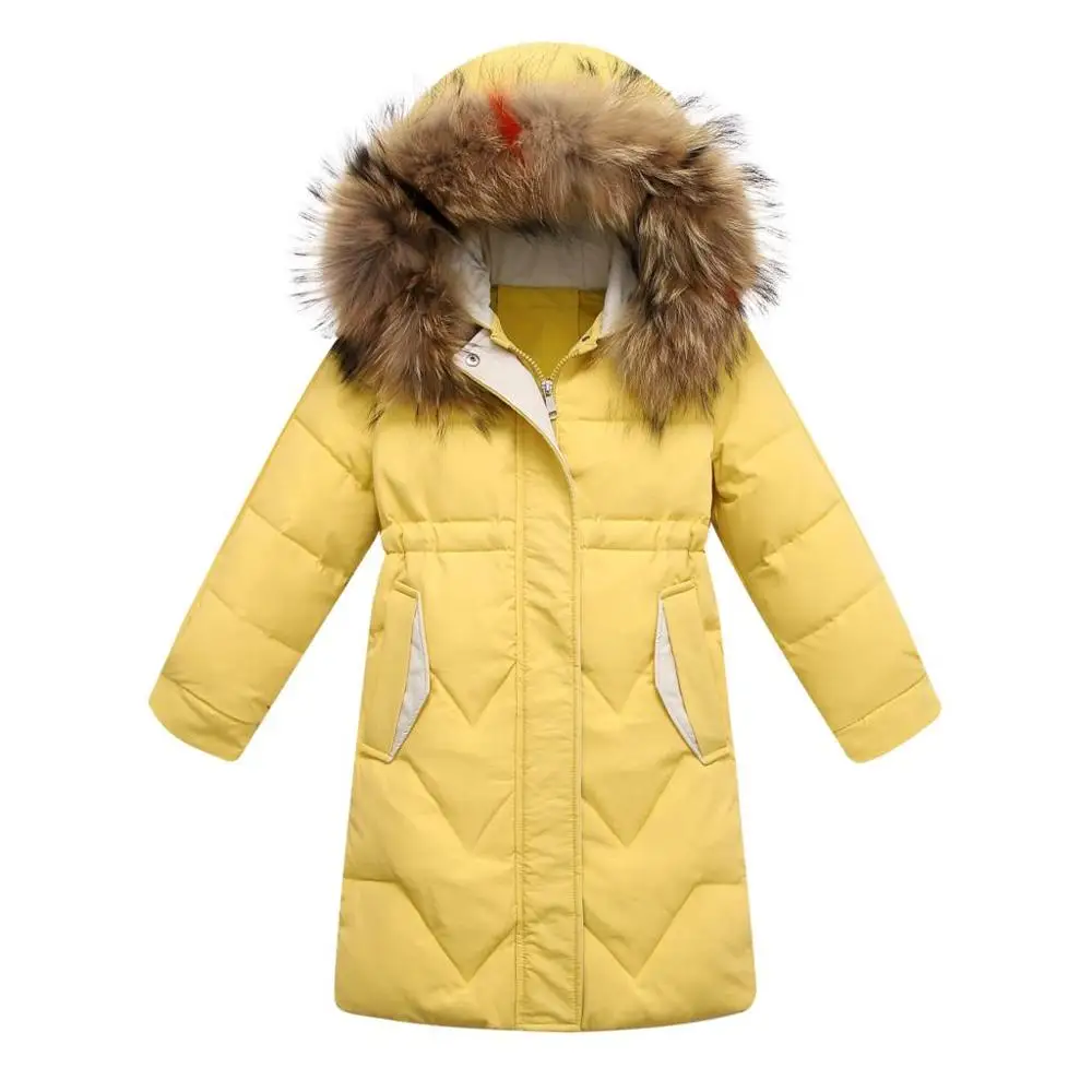 Цвет: желтый 30 Russian Winter Snowsuit Thick Warm Duck Down Jacket For Girls Outdoor Hooded Coats Kids Parka Children Outerwear 4-12 Years - Цвет: Цвет: желтый