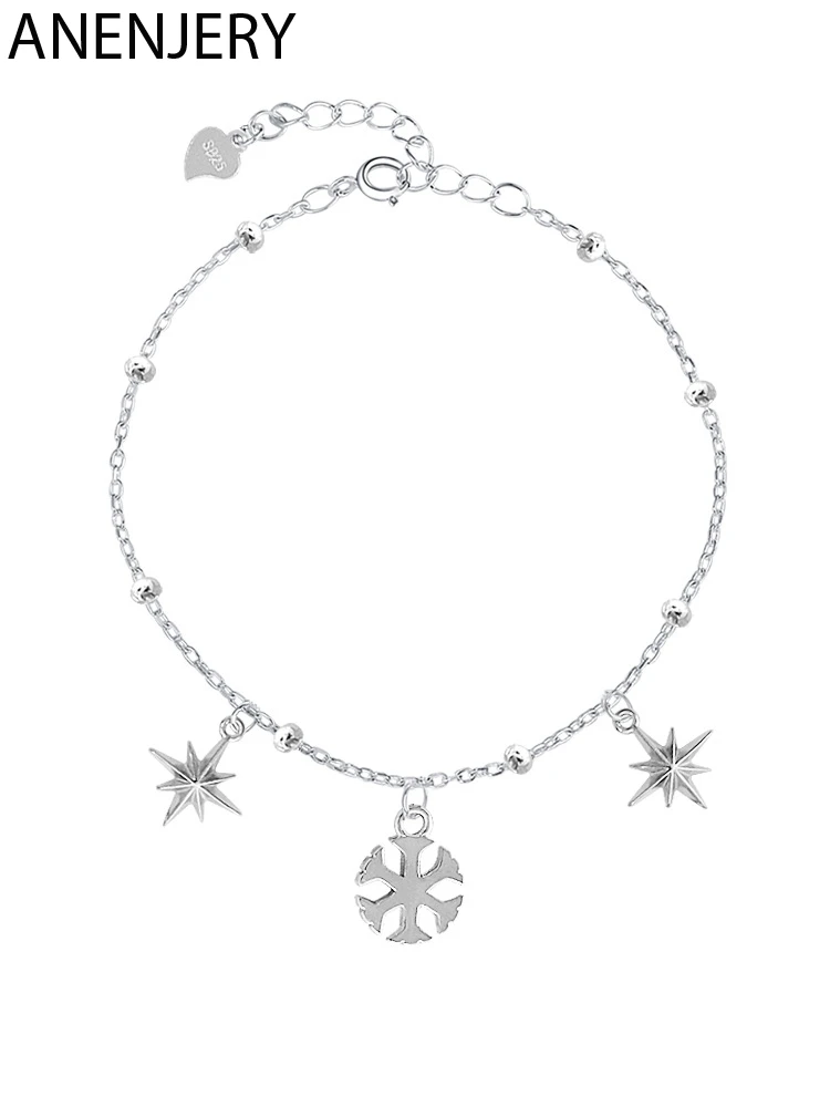 ANENJERY, романтичный 925 пробы, серебряный браслет со снежинками и звездами для женщин, рождественский подарок, бусы, цепочка, браслеты, S-B121