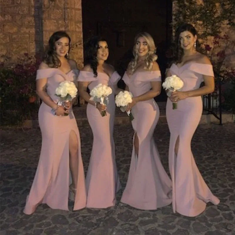 Элегантная атласная юбка-годе vestido de festa Longo с плечом розовое платье подружки невесты Сплит Длинные свадебные платья
