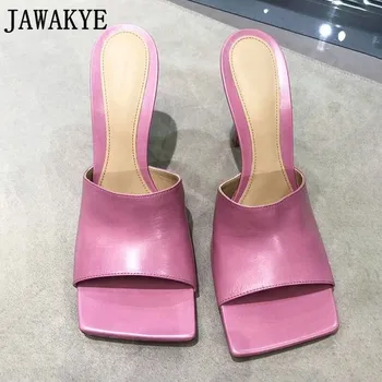

High quality Square Toe Mules slippers Sexy High Heels Leather Slippers Women Blue Pink Black Summer Sandals Party Shoes Woman