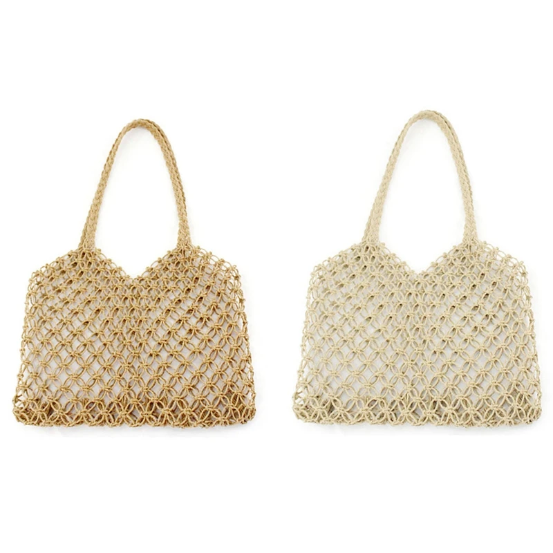 

2 Pcs New Hand-Woven Hollowwork Straw Bag Paper Rope Grid Without Lining Women Beach Bag, Beige & Brown