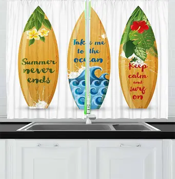 

Vintage Hawaii Kitchen Curtains Wooden Surfboards with Words About Summer Ocean and Swimming Flower Design Window Curtain