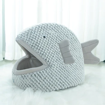 

Cozy Cat Bed Cave, Shark Shaped House Windproof Removable Pet Cat Bed Thermal Hiding Dog Sleeping Bag, Waterproof Bottom