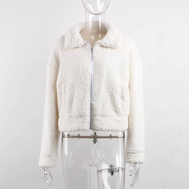 Nadafair Женская флисовая куртка из искусственного меха размера плюс, толстая молния, короткая пушистая зимняя плюшевая куртка, женское повседневное плюшевое пальто