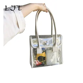 

2 Pcs Transparent Small Bag Female 2020 Summer PU Leather Stitching Handbag Women PVC Clear Beach Bag Tote sac main feminina