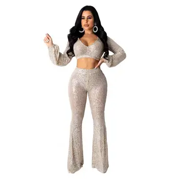 

Summer New Hot Fashion Sexy V-neck Short Top Lantern Sleeve Crop Top Flared Pants Sequin Clothes Pants Women Two-piece Set 2020