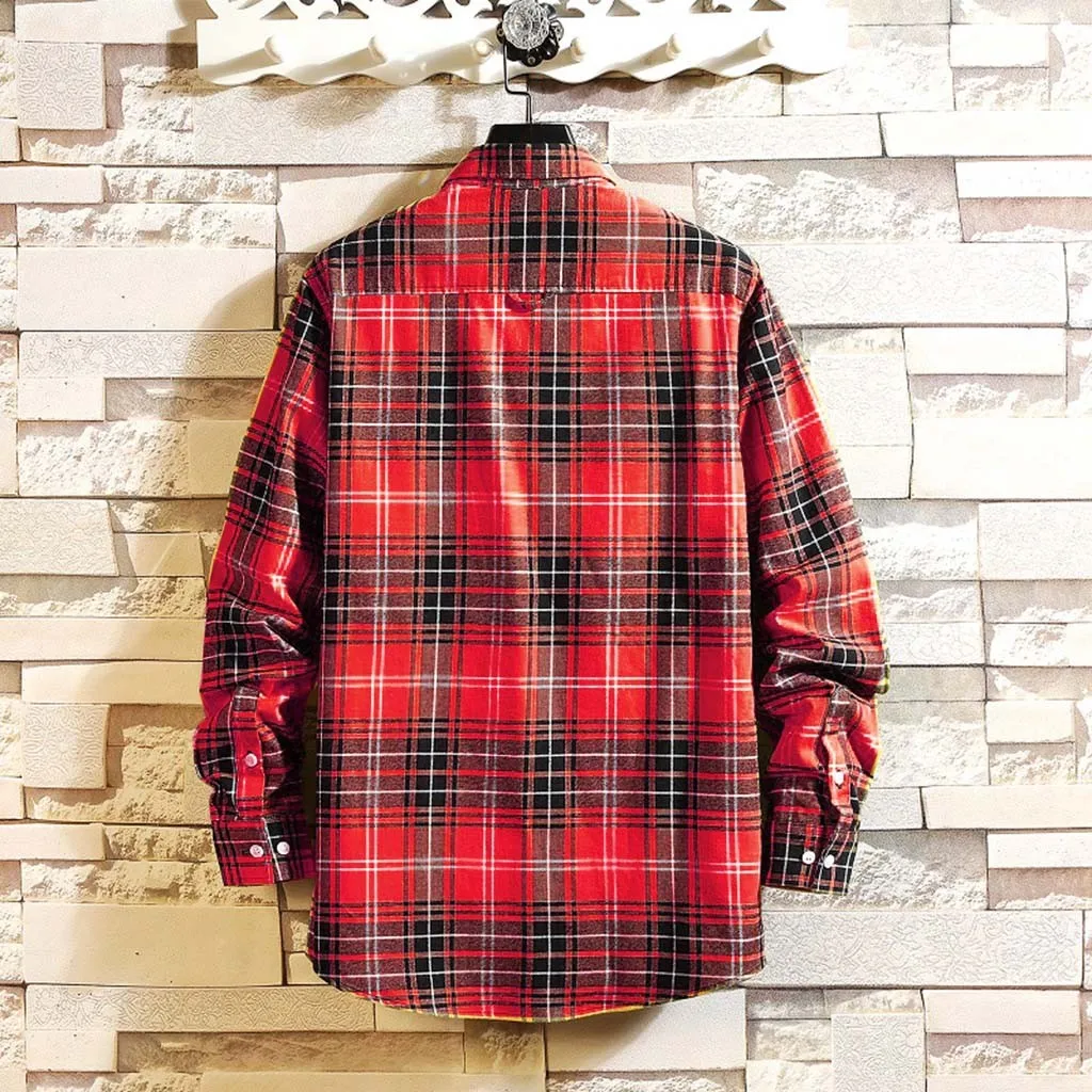 Feitong camisa masculina рубашка Мужская Стиль Повседневная рубашка с отложным воротником с длинными рукавами клетчатая рубашка красные Топы