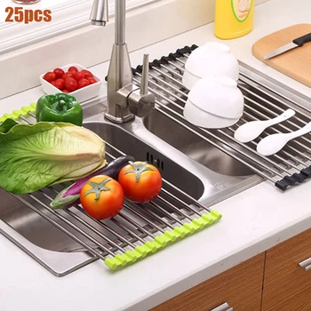

Roll Up Sink Drying Rack Kitchenware Foldable Stainless Steel Drain Rack Fruit Vegetable Dish Bowl Drain Clean