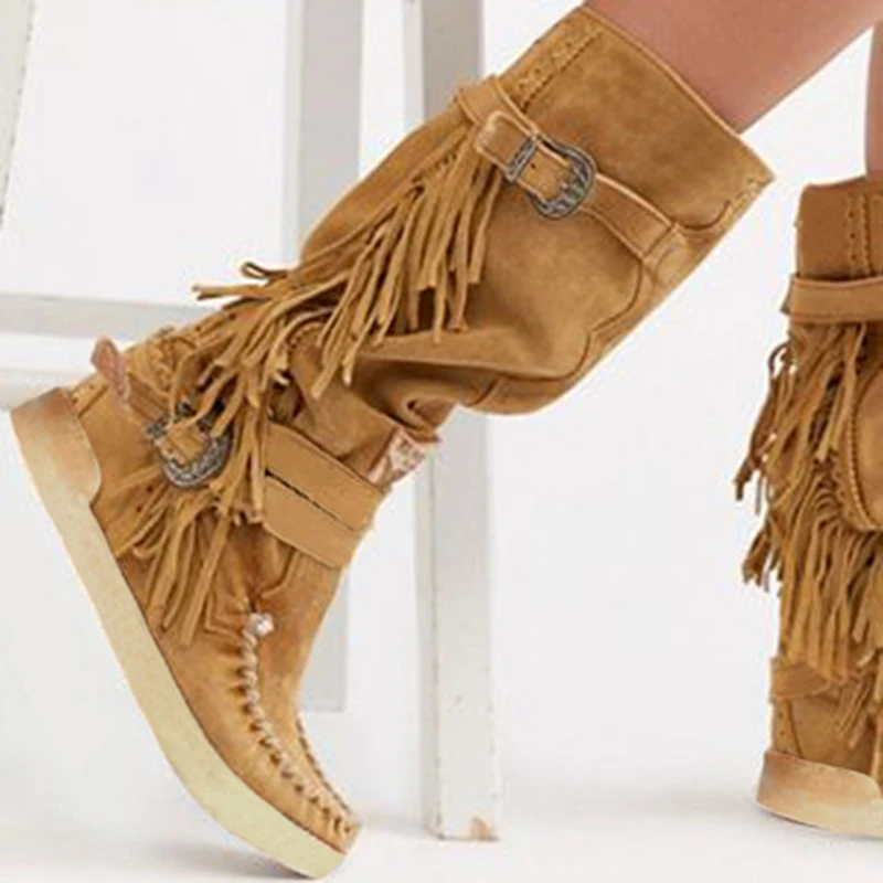 Oeak Autumn Winter Women Boots Tassel Boots Female Ladies Height Increased Low Heel Shoes Lady Mid Calf Slip On High Boots