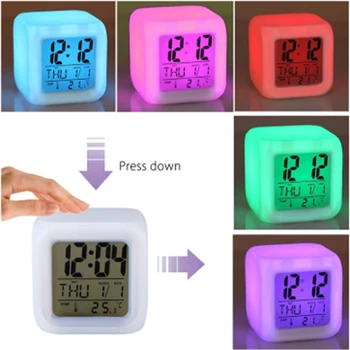 

LED Digital Alarm Clock 7 Colors Changing With Date Thermometer Desktop Table Cube Alarm Clock Night Glowing for Gift Home Decor