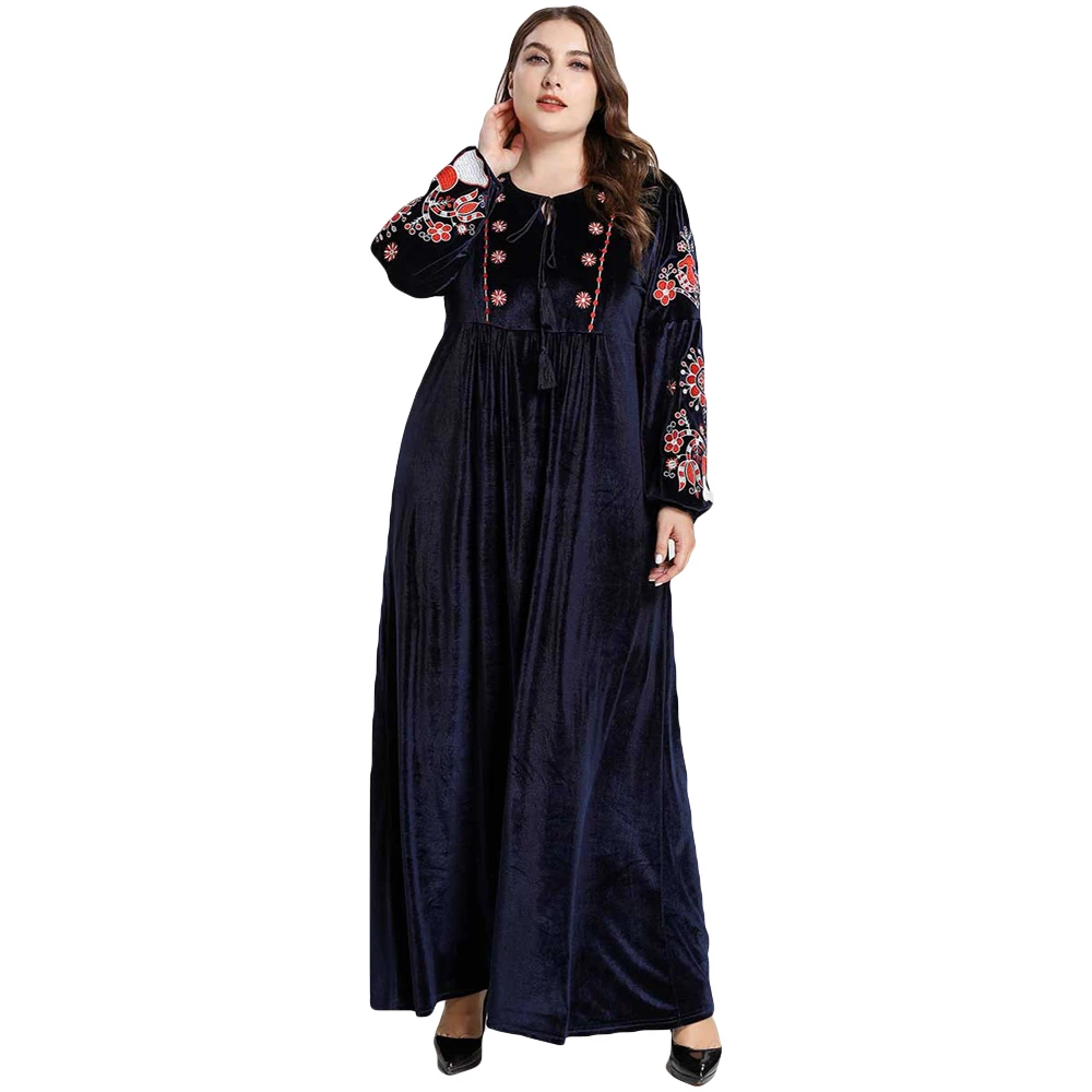 Бархатное мусульманское Длинное Макси-платье с вышивкой, плиссированные халаты, кафтан джилбаба, турецкий джилбаб, теплый кафтан, женские исламские вечерние платья - Цвет: Navy