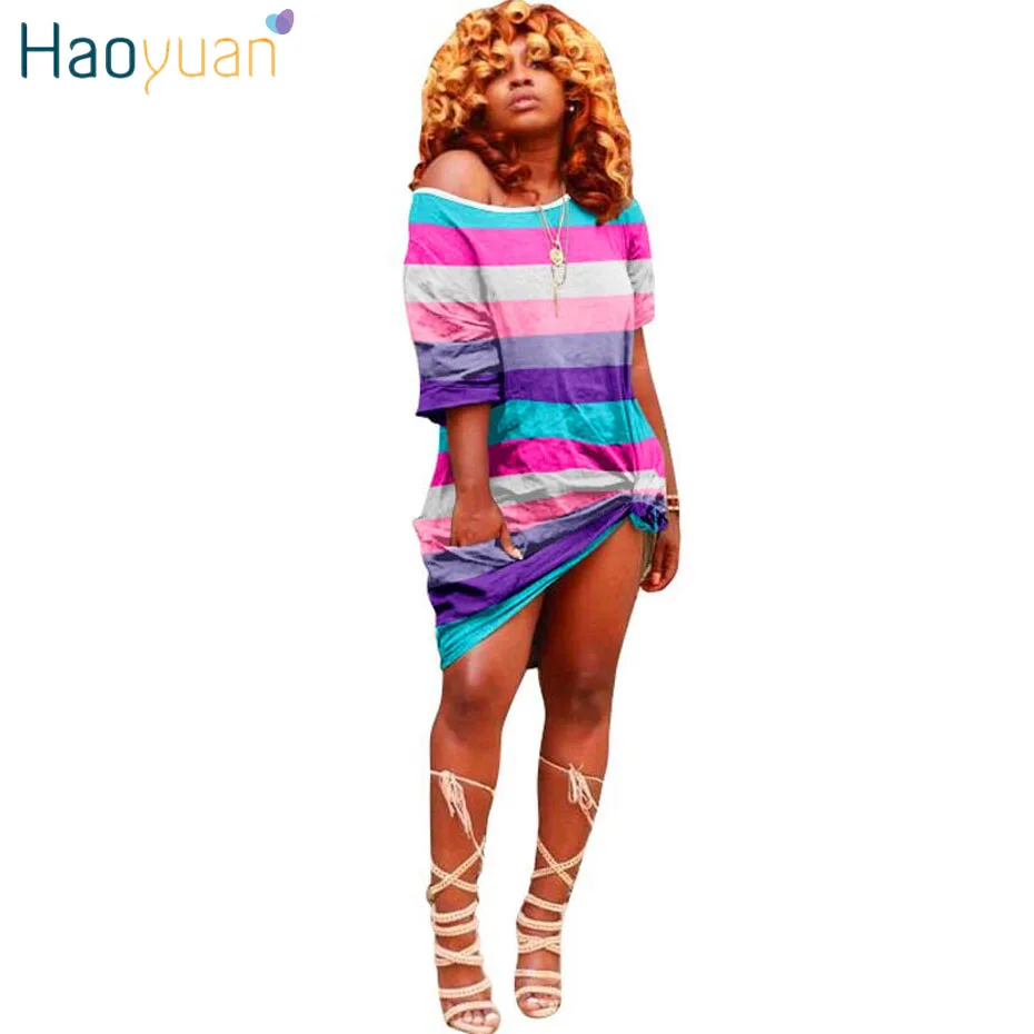 HAOYUAN Радужное Полосатое платье размера плюс, женская одежда Vestidos, повседневное свободное мини-платье с коротким рукавом, платье-рубашка размера d
