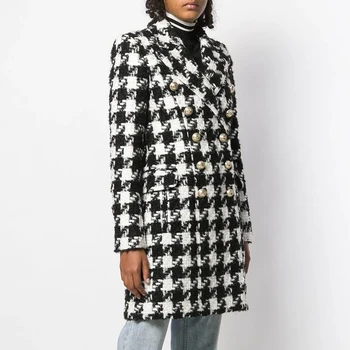 

Double Breasted Tweed Houndstooth Coat Women Fall Winter Warm Loose Coats Black White Outerwear Plus Size