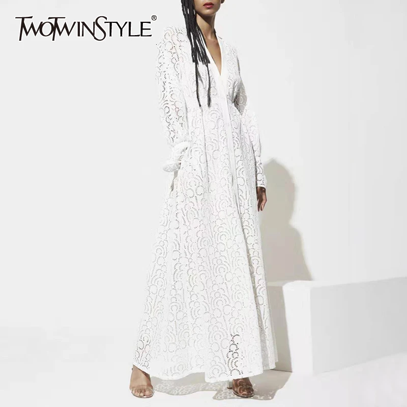 

TWOTWINSTYLE White Hollow Out Embroidery Dress For Women Flare Long Sleeve V Neck Loose Dresses Female 2019 Autumn Fashion New