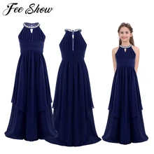 Шифоновое платье для девочек-подростков без рукавов с блестками и лямкой на шее; платье принцессы с цветочным узором для торжеств; платье подружки невесты на свадьбу; платье для дня рождения