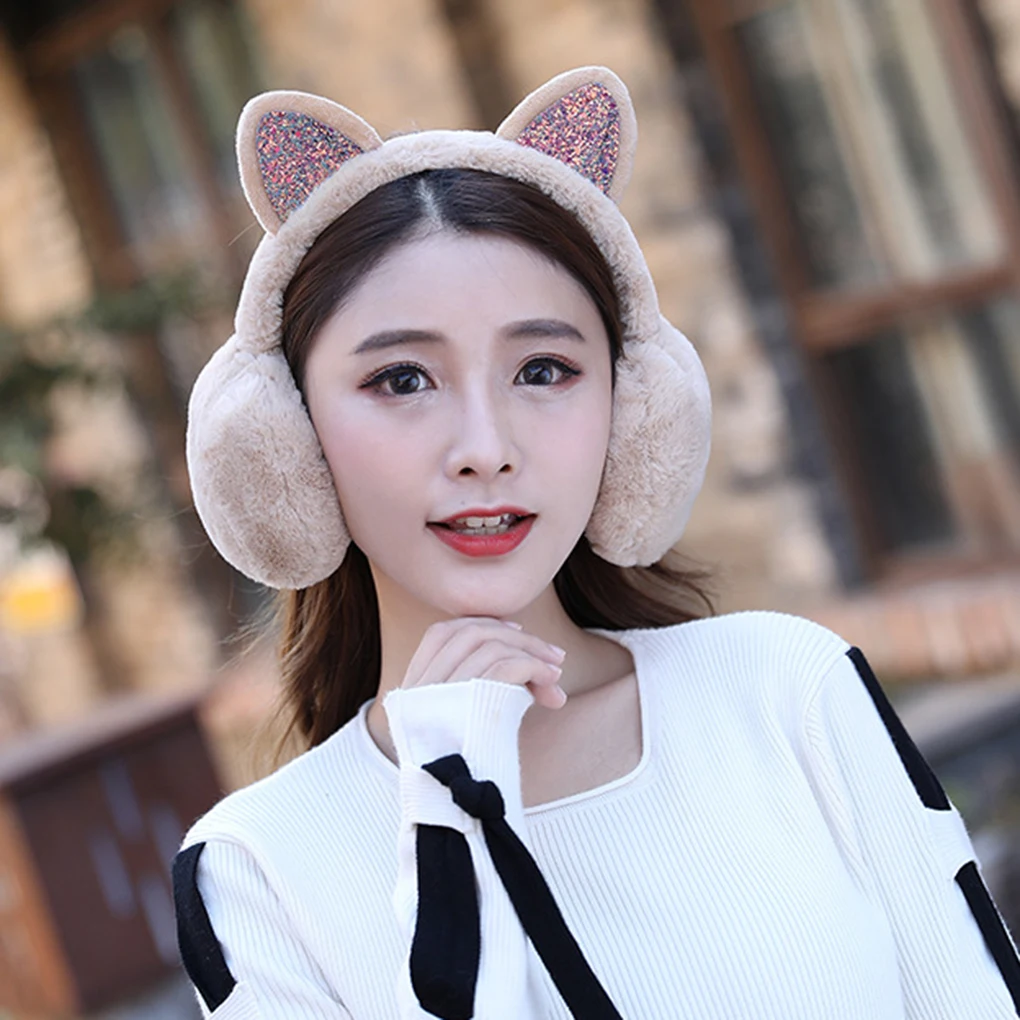 2019 Модные женские меховые зимние ухо теплые наушники с кошачьими ушками, блестящая утепленная повязка с блестками