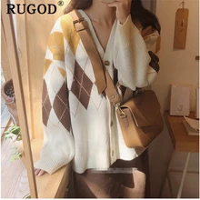 RUGOD вязаный кардиган женский корейский шикарный однобортный с длинным рукавом свободный свитер пальто Повседневный с принтом негабаритный кардиган