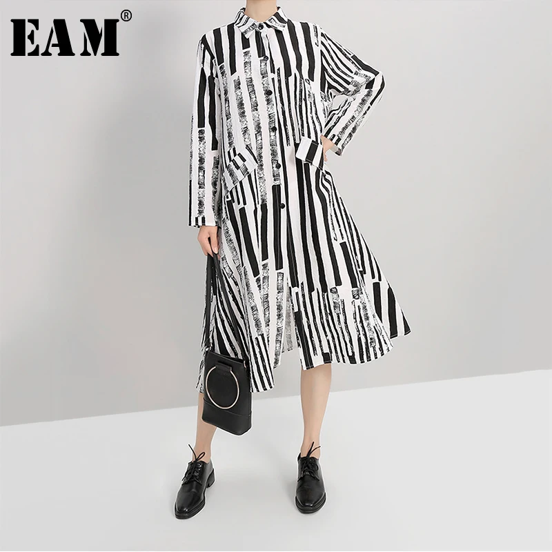 

[EAM] Women Black Striped Hit Color Big Hem Dress New Lapel Neck Long Sleeve Loose Fit Fashion Tide Spring Autumn 2019 1A183