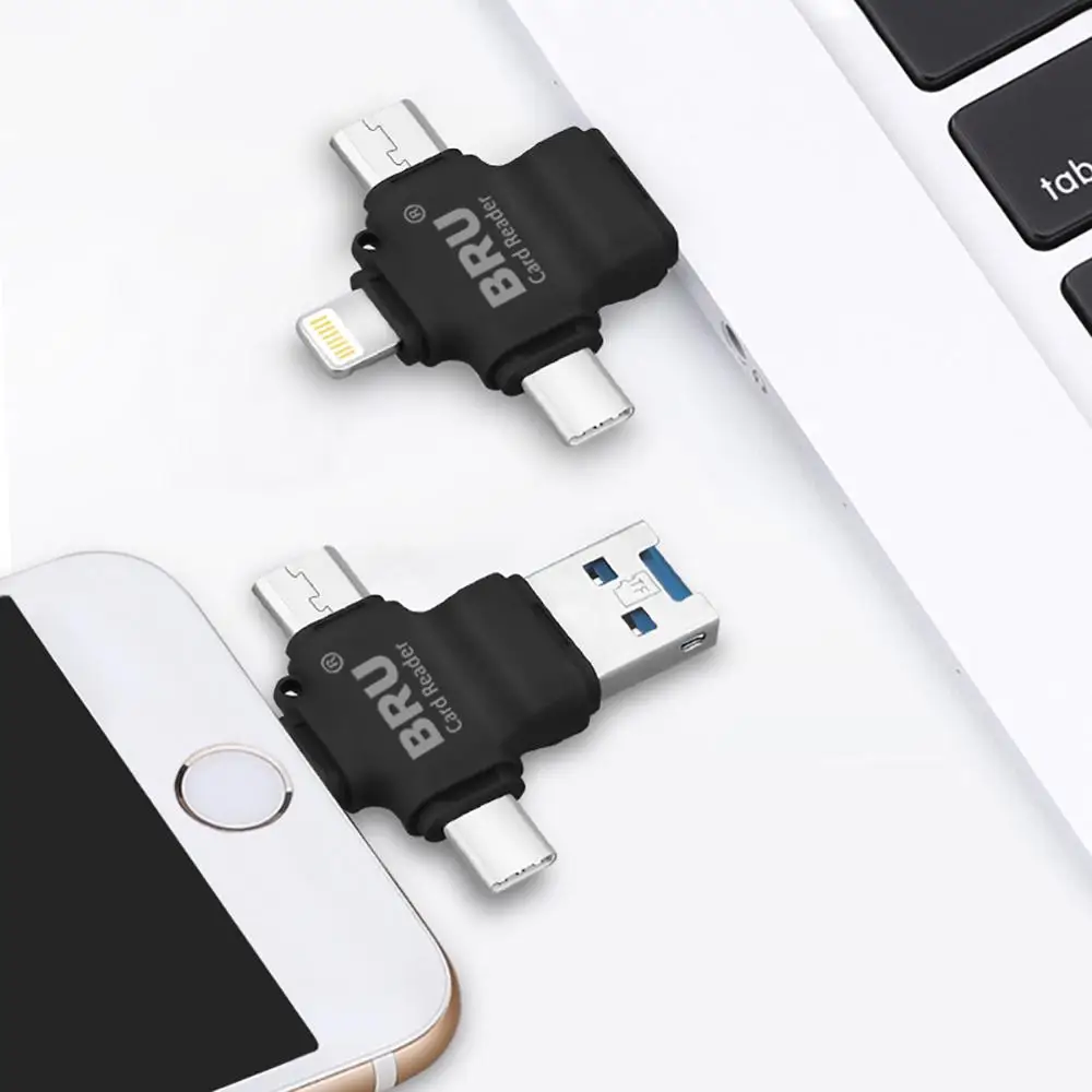 BRU 4 in 1 Card Reader for iPhone5 6s 7Plus 8X MicroSD TF Memory Cardreader for 3