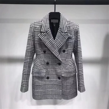 

Autumn Winter Handmade Luxury Faux Wool Jacket Women Vintage Double Breasted Houndstooth Office Lady Faux Woolen Suit Coat K250