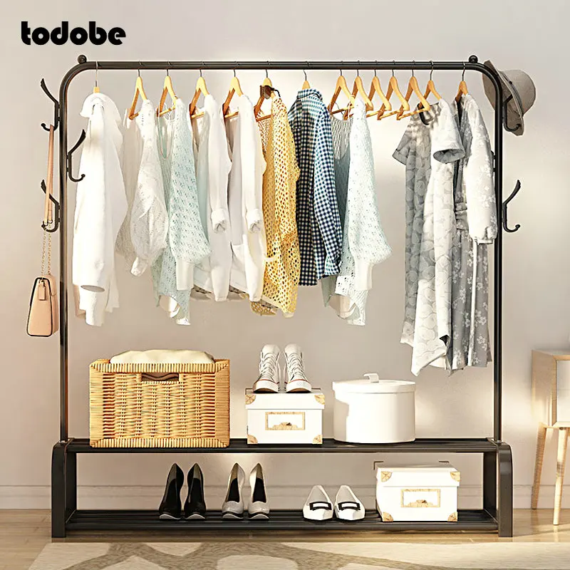 

Stainless Steel Clothes Rack Removable Floor-standing Clothing Hanger Indoor Balcony Drying Rack Shoes Box Organizer Coat Rack